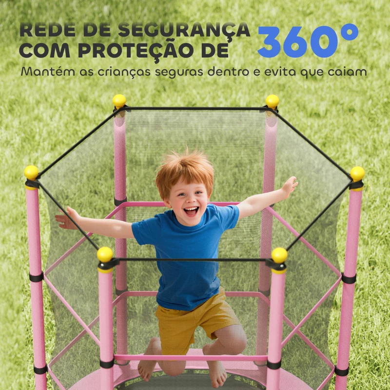 HOMCOM Trampolim para Crianças com Rede de Segurança e Estrutura de Aço para Interiores e Exteriores Carga 50kg Ø140x190 cm Rosa