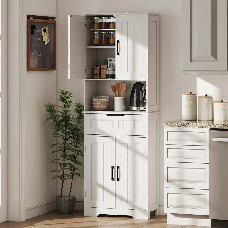 HOMCOM Buffet cuisine, armoire de cuisine avec 4 portes, tiroir, compartiment ouvert et étagères réglables, 60x30x172cm, blanc(m-10)