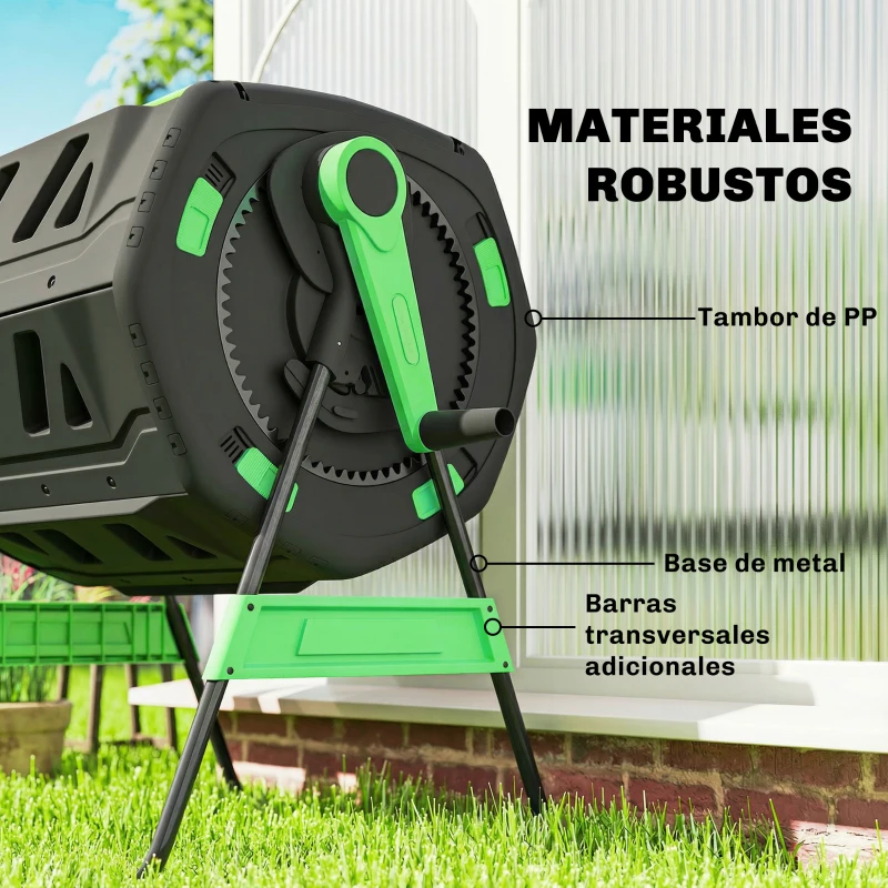 Outsunny Compostador Giratorio 200L con Sistema de Ventilación y Base de Metal para Compostaje de Residuos Orgánicos Verde