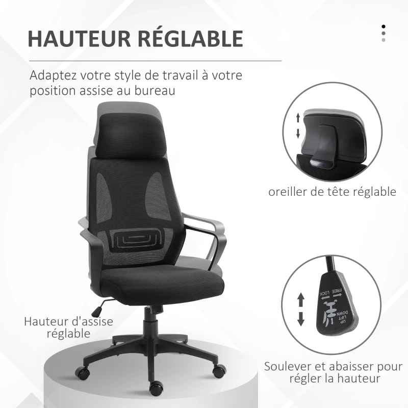 Vinsetto Chaise bureau ergonomique, fauteuil de bureau en maille, appui-tête, hauteur réglable, 64 x 55 x 116-126 cm, noir
