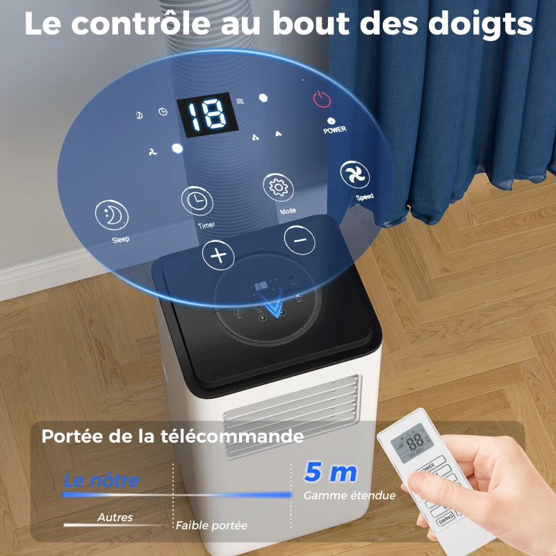 HOMCOM Climatiseur mobile 9000BTU 2,6kW 5 en 1 refroidissement, déshumidificateur, ventilateur, auto, mode nuit, 2 vitesses