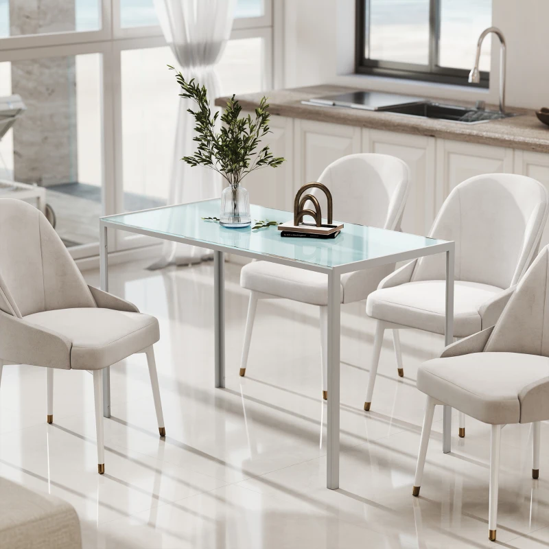 HOMCOM Table à manger pour 4 personnes, table de cuisine avec plateau en verre trempé et pieds en métal, 120x60x75cm, blanc