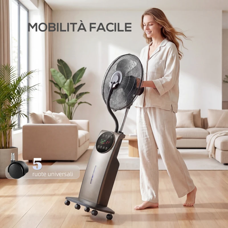 HOMCOM Ventilatore Nebulizzatore con Serbatoio 3.1L, 3 Modalità e 3 Velocità, Ruote, Oscillazione 70°, Inclinazione 10°, Timer 12h, 90W