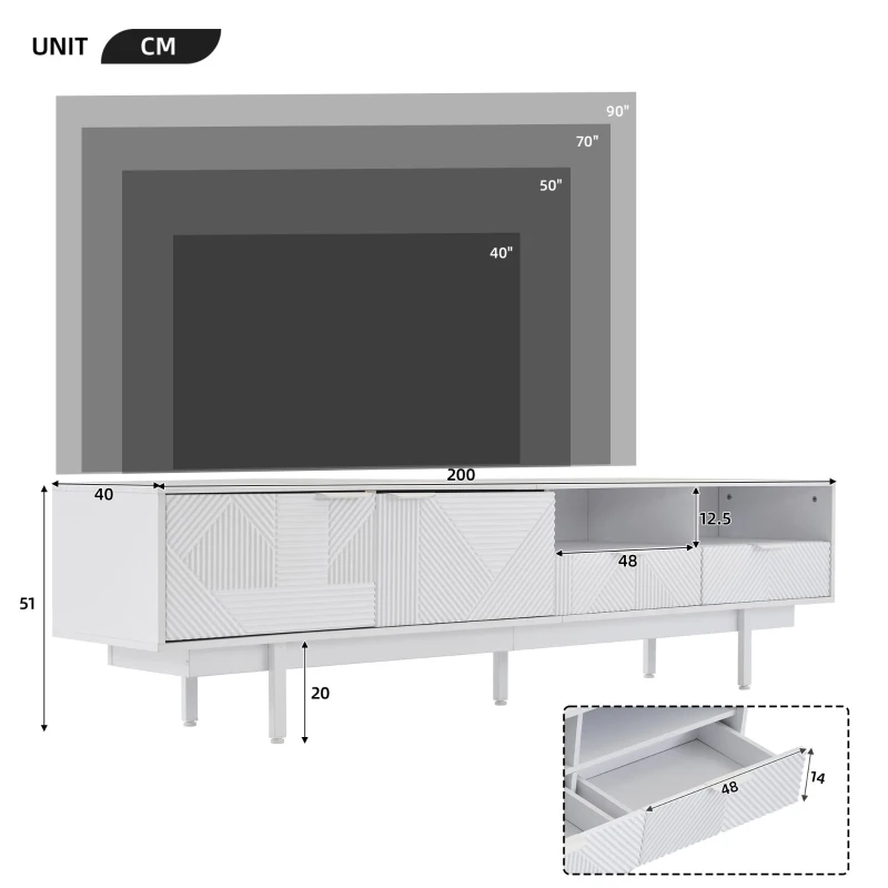 Mobile TV moderno con motivi a righe e ripiani aperti, in truciolato, 200x40x51 cm, Bianco
