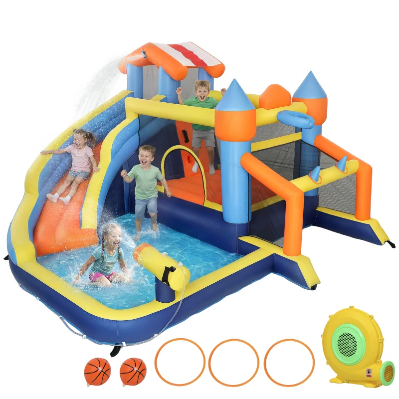 AIYAPLAY Castillo Hinchable Acuático 8 en 1 con Soplador 550W Tobogán Trampolín Escalada Piscina Portería Canasta Lanzamiento