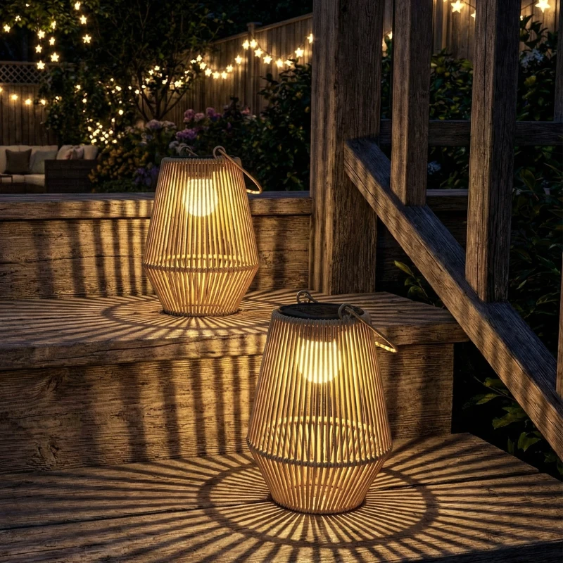 Outsunny Lot de 2 lanternes solaires suspendues extérieur, lampes de jardin en résine tressée avec allumage automatique, marron