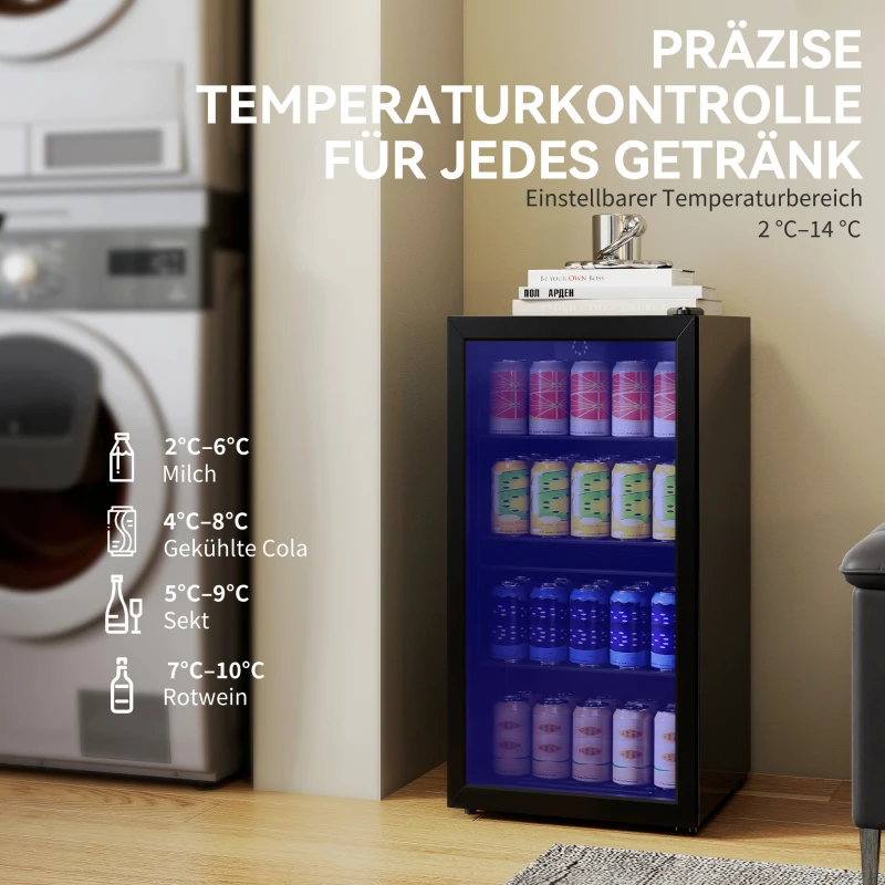 HOMCOM Mini Kühlschrank 93L Kühlbox mit Glastür, verstellbaren Regalen, LED, Temperaturregelung, 47,2 x 43,7 x 83,3 cm Schwarz