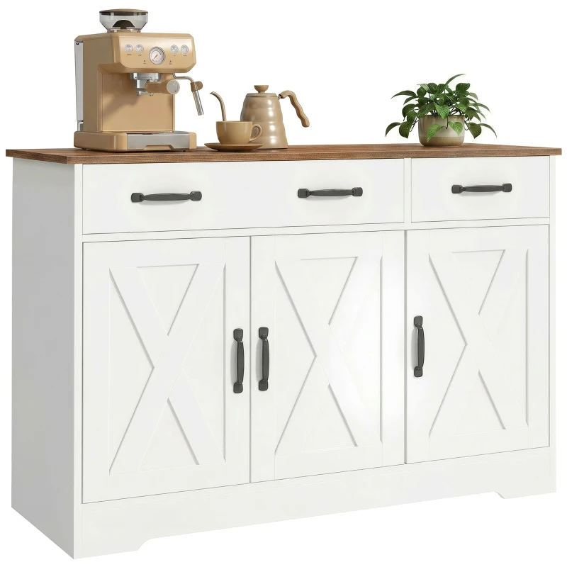HOMCOM Bufet de bucătărie, mobilier de depozitare cu 3 uși tip hambar, 2 sertare și rafturi reglabile, 108 x 40 x 81 cm, alb