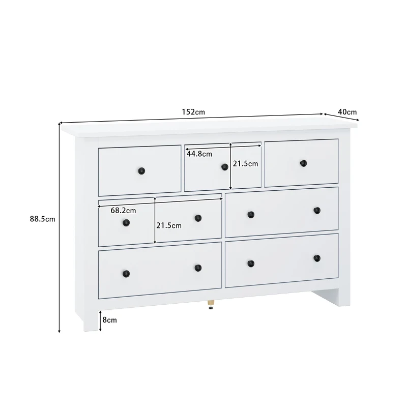 Madia credenza minimal portaoggetti con 7 cassetti, 152x40x88.5 cm, Bianco