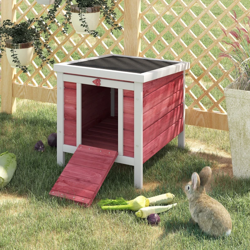 PawHut Clapier à lapin cage à lapin avec rampes/porte, toit ouvrant et étanche - en bois de sapin 51 x 42 x 43 cm rouge blanc