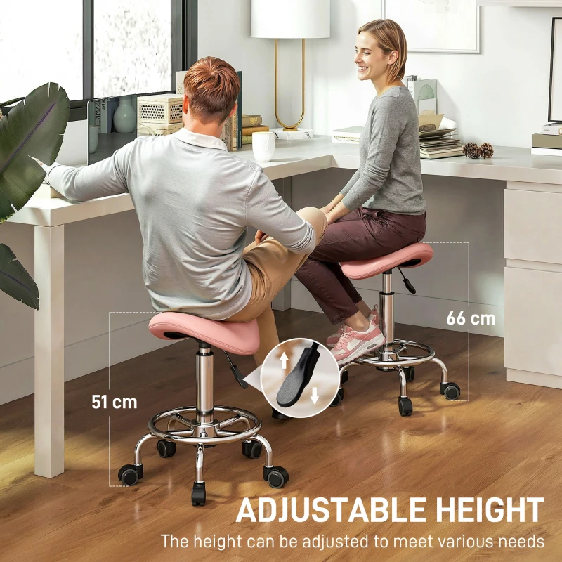 HOMCOM Salon Saddle Stool, Rolling Saddle Chair for Massage, Spa, Clinic, Beauty, Hairdressing and Tattoo, Pink