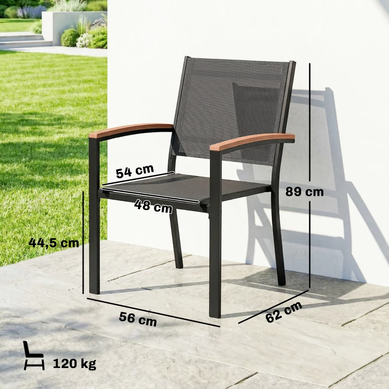 Outsunny Conjunto de 2 Cadeiras de Jardim Empilháveis em Metal e Textilene, Apoios de Braço em WPC, Encosto Alto, 56x62x89cm, Cinza