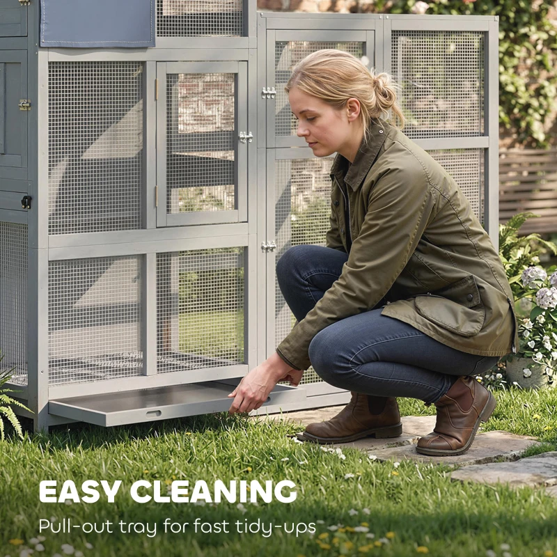 PawHut Vogelvolière van hout met 6 zitstokken, opbergvak, uitneembare lade, RVS voerbakken, 196x60x164,5cm, grijs