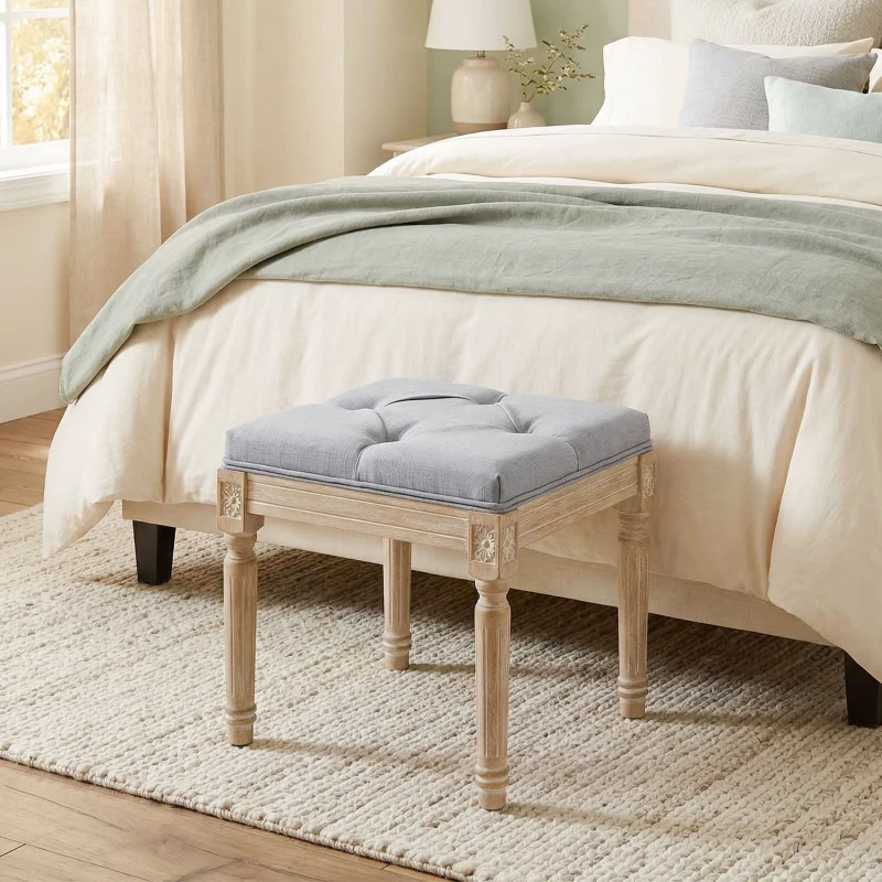 HOMCOM Vintage Foot Stool, Tufted Square Footrest with Wood Legs, Light Grey