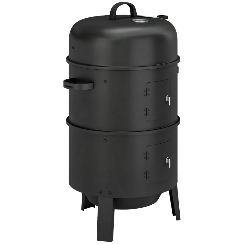 Outsunny 3-in-1 Vertical Charcoal Smoker with 2 Grill Grates, Built-in Thermometer, Adjustable Vent, 2 Doors
