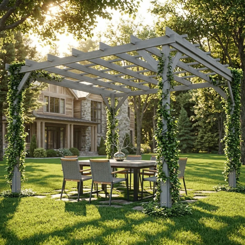 Outsunny 3 x 3 m Wooden Pergola Kit, Decorative Garden Gazebo Shelter with Stable Structure for Climbing Vines, Grey