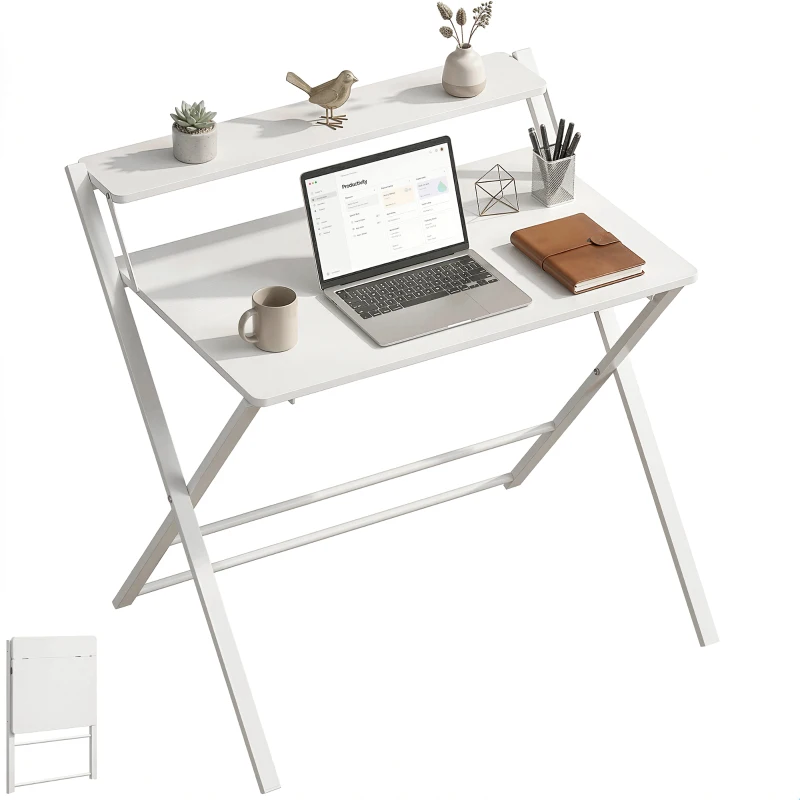 HOMCOM Compact Folding Desk for Small Spaces with Storage Shelf for Home Office, White