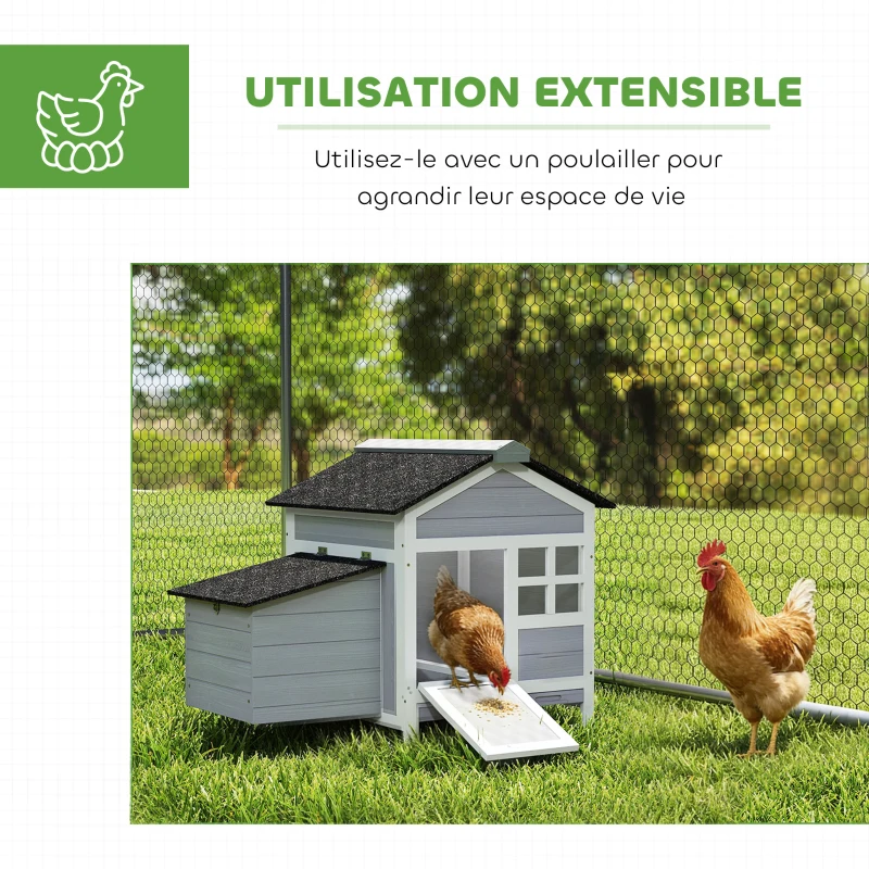 PawHut Poulailler en bois, toit en asphalte et pondoir abri pour 4 poules avec fenêtre en acrylique 92 x 64 x 69 cm gris
