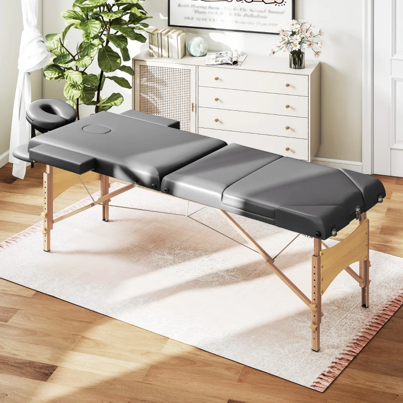 HOMCOM Table de massage pliante, lit de massage 3 zones portable 185 x 60 cm, hauteur et dossier réglables, appui-tête, gris