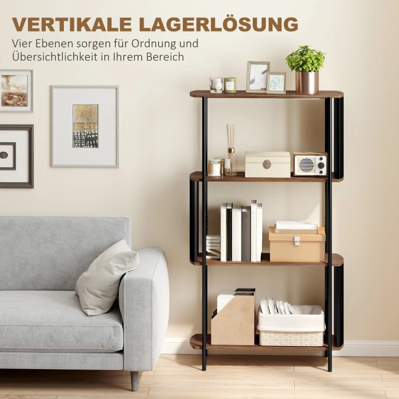 HOMCOM 4-stufiges Regal, freistehendes Regal mit geschwungenem Design, industrielles Bücherregal, braune Holzoptik