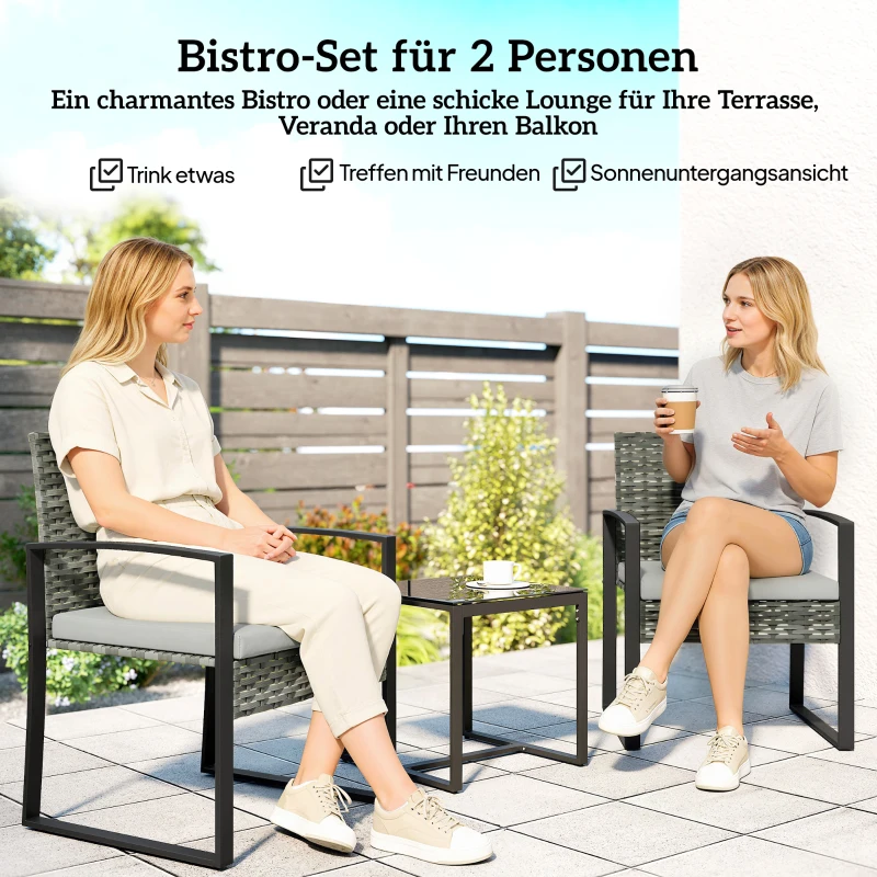Outsunny Rattan Bistroset, 3 teiliges Gartenmöbel-Set mit 2 Gartenstühlen, Couchtisch, abnehmbar Kissen Hellgrau