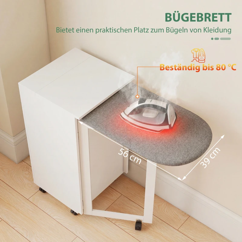 HOMCOM 2-in-1 faltbarer Bügelbrettschrank auf Rollen mit Bügelbrett und verstellbarem Regal für kleine Räume, Weiß