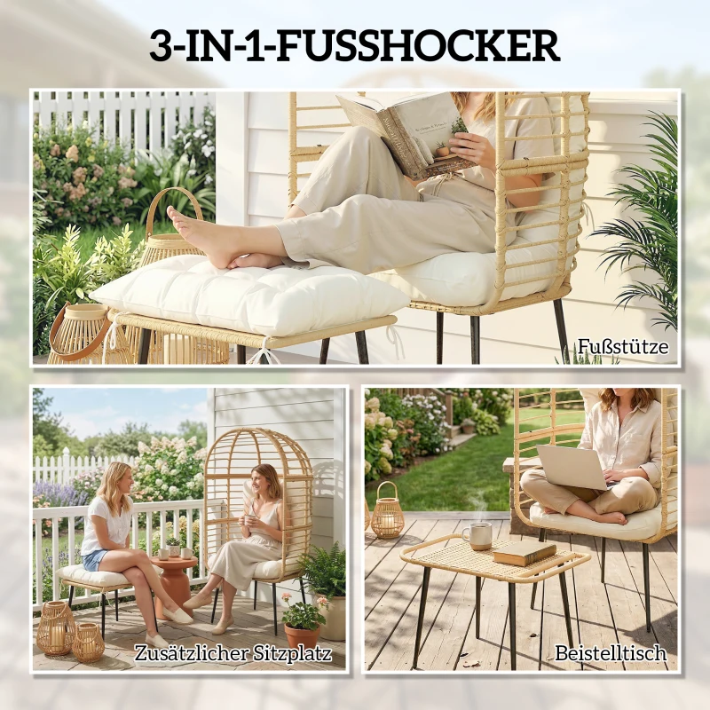 Outsunny Gartensessel mit Hocker PE Rattan Ei-Form Korbsessel mit langen & dicken Kissen Metallrahmen Beige