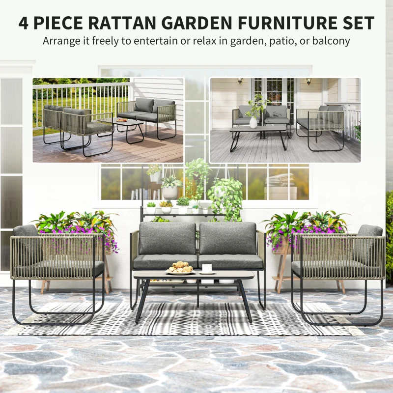 Outsunny 4 Piece Rattan Garden Furniture Set, 4 Seater Wicker Outdoor Sofa Set with 2 Armchairs, Loveseat, Tempered Glass Top Coffee Table, Cushions, Patio Conservatory Set for Balcony, Dark Grey