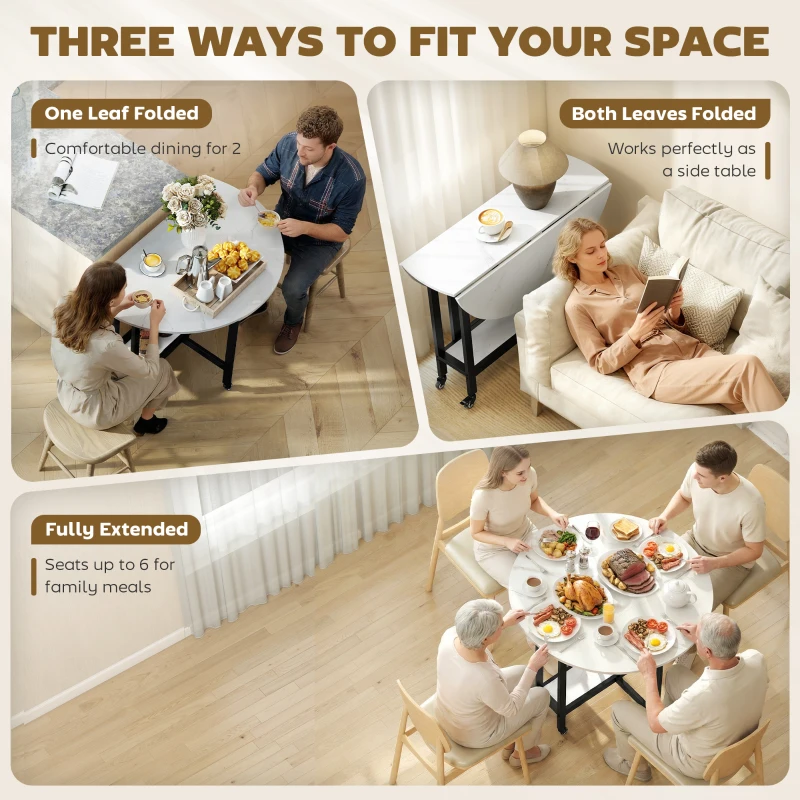 HOMCOM Folding Dining Table, Drop Leaf Table with Open Shelf, Rolling Kitchen Table for Dining Room, Small Spaces, White Marble