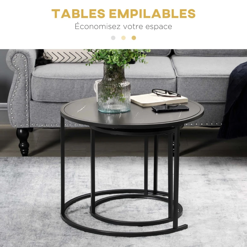 HOMCOM Set of 2 Round Nesting Stackable Coffee Tables, Marble-Effect Wooden Top and Metal Legs, Black