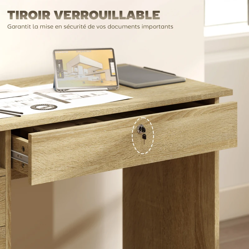 HOMCOM Bureau moderne avec 5 tiroirs, grand plateau, 1 compartiment ouvert, tiroir verrouillable, 110 x 50 x 76cm, chêne
