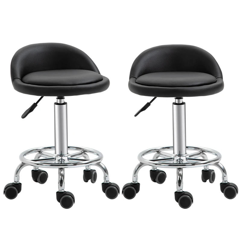 HOMCOM Set of 2 360° swivel rolling stools, seat adjustable 47-62H cm, chrome steel black synthetic upholstery