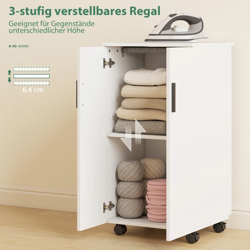 HOMCOM 2-in-1 faltbarer Bügelbrettschrank auf Rollen mit Bügelbrett und verstellbarem Regal für kleine Räume, Weiß