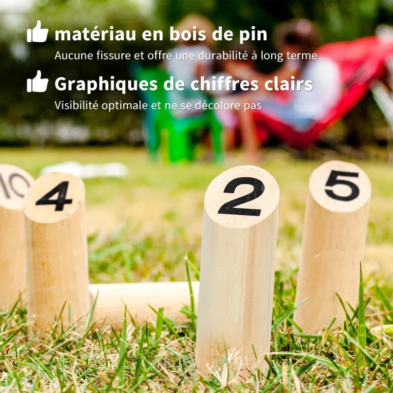 SPORTNOW Jeu de quilles finlandaises, jeu de plein air en bois de pin 12 quilles 1 bâton 1 boîte de transport effet bois naturel