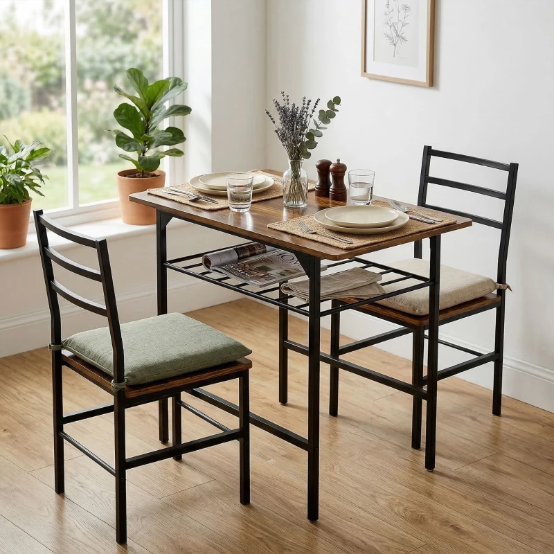 HOMCOM Set tavolo pranzo con 2 sedie e struttura in metallo, Marrone