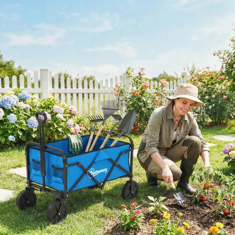 Outsunny Carrinho de Jardim Dobrável com Rodas Bloqueáveis Cabo Ajustável Porta-Copos Carga 80 kg para Camping 85x50x99 cm Azul