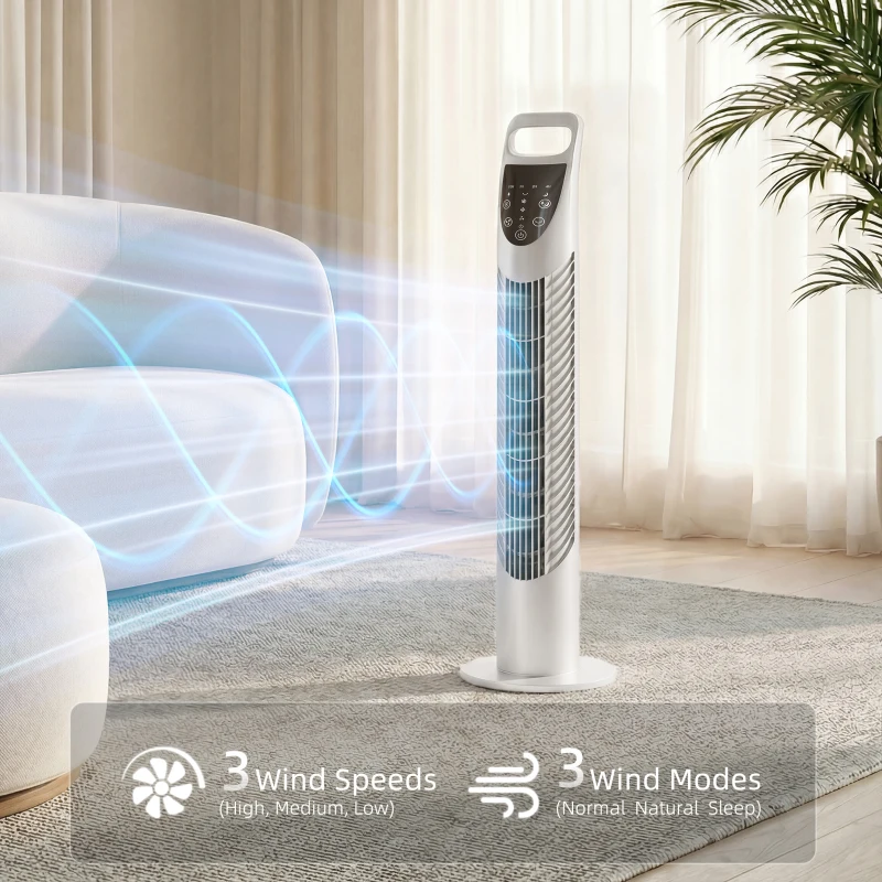 HOMCOM Tower Fan Oscillating 3 Speeds 3 Winds 40W w/ RC Timer Quiet - White