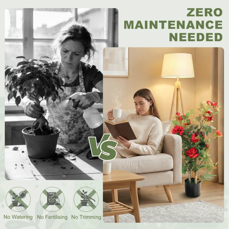 HOMCOM 90cm Artificial Rose Tree Set of 2, Decorative Fake Plant with 344 Silk Leaves 17 Flowers for Outdoor Indoor Decor, Red