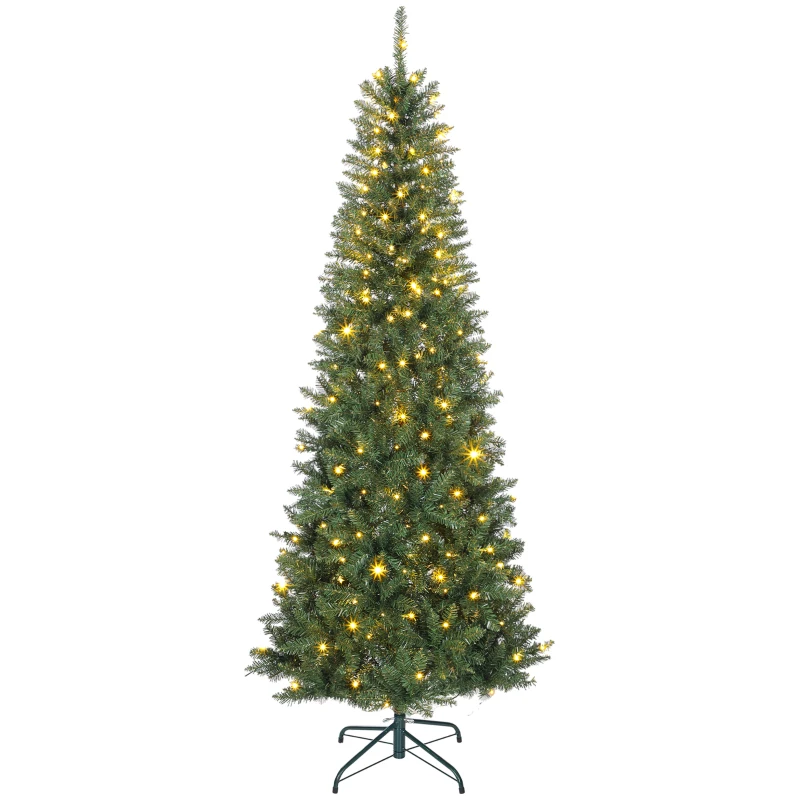 HOMCOM Sapin de Noël artificiel 210 cm, arbre de Noël fin avec 350 lumières, 1273 pointes, support en métal pliable, vert
