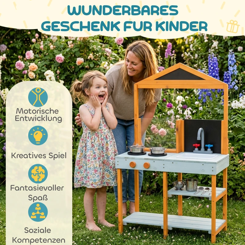 AIYAPLAY Matschküche Kinder Outdoor Spielküche Holz mit Herd Abnehmbarer Spüle Regalen für Kinder von 3-8 Jahren, Hellblau