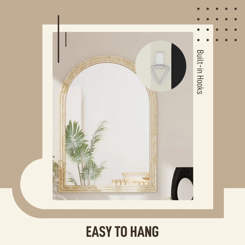 HOMCOM Arched Wall Mirror with Grooved Edge & Hooks, Wall-Mounted Mirror, Modern Tempered Glass & Polystyrene Beige
