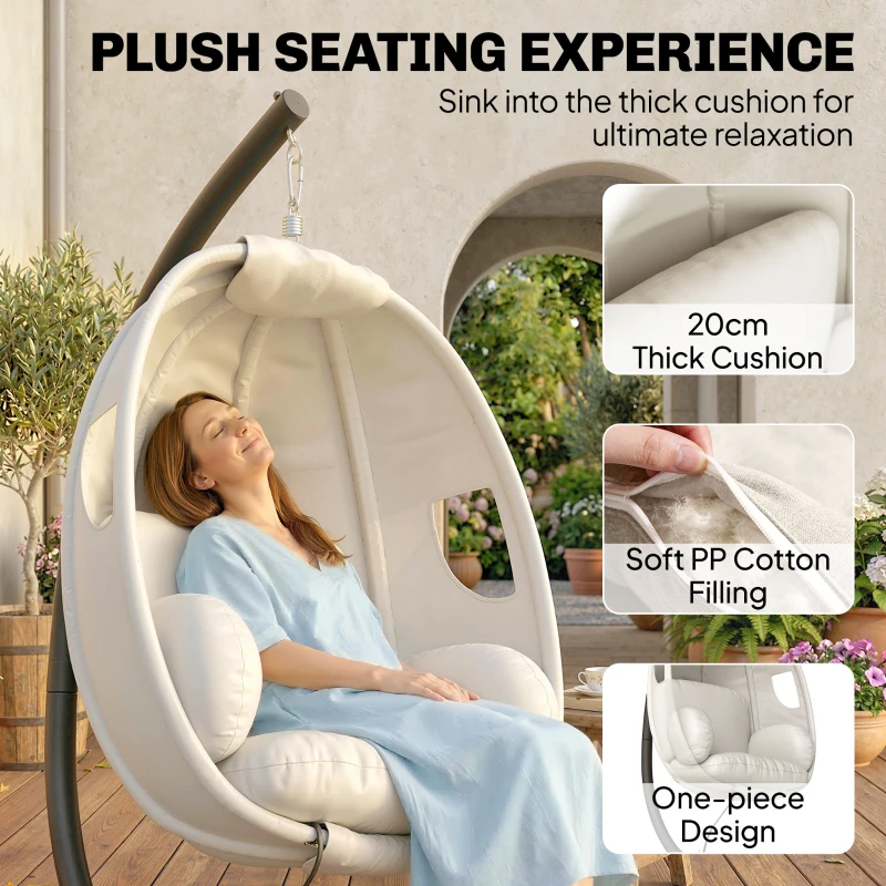 Outsunny Wiszący Fotel z Ramą, Składany Kosz z Grubymi Poduszkami, Regulowana Wysokość, Pas Bezpieczeństwa, do 120 kg