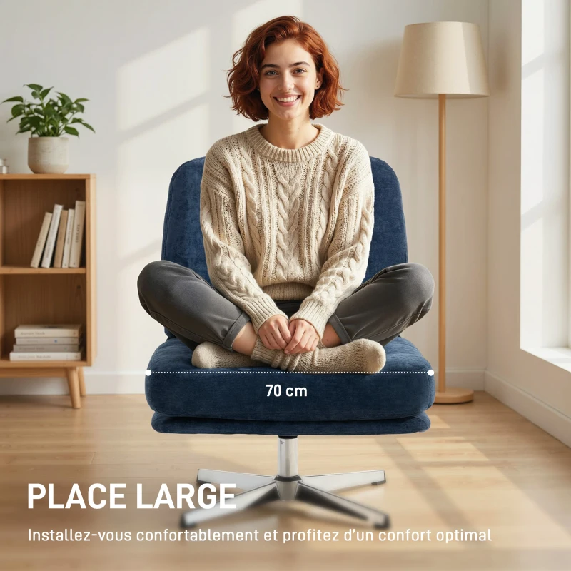 HOMCOM Fauteuil salon sans accoudoir chaise pivotante en tissu chenille assise large, pieds croisés 70 x 87 x 84 cm bleu foncé