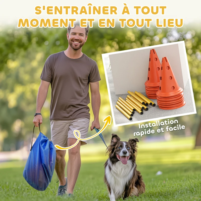 PawHut Ensemble d'Agilité pour Chien 6 Pièce, Parcours d'Obstacle hauteur réglable avec Sac de Transport, Orange