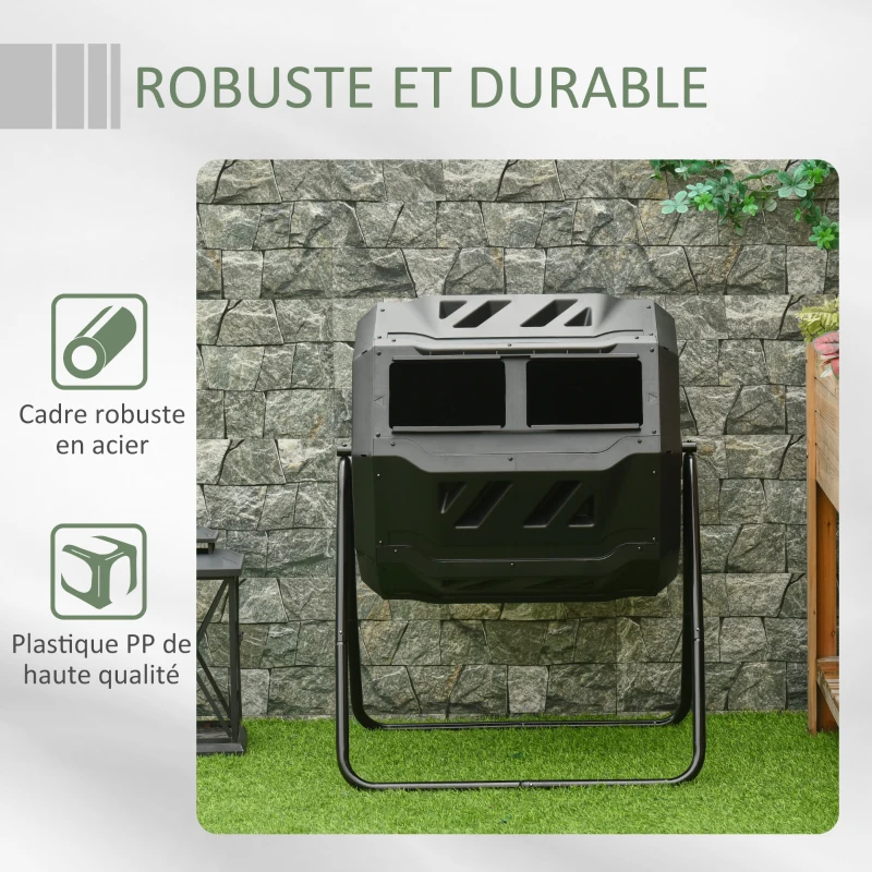 Outsunny Garden Composter - Compost Bin for Waste - 360° Rotating - Double Chamber 160 L - Black, PP & Epoxy Steel