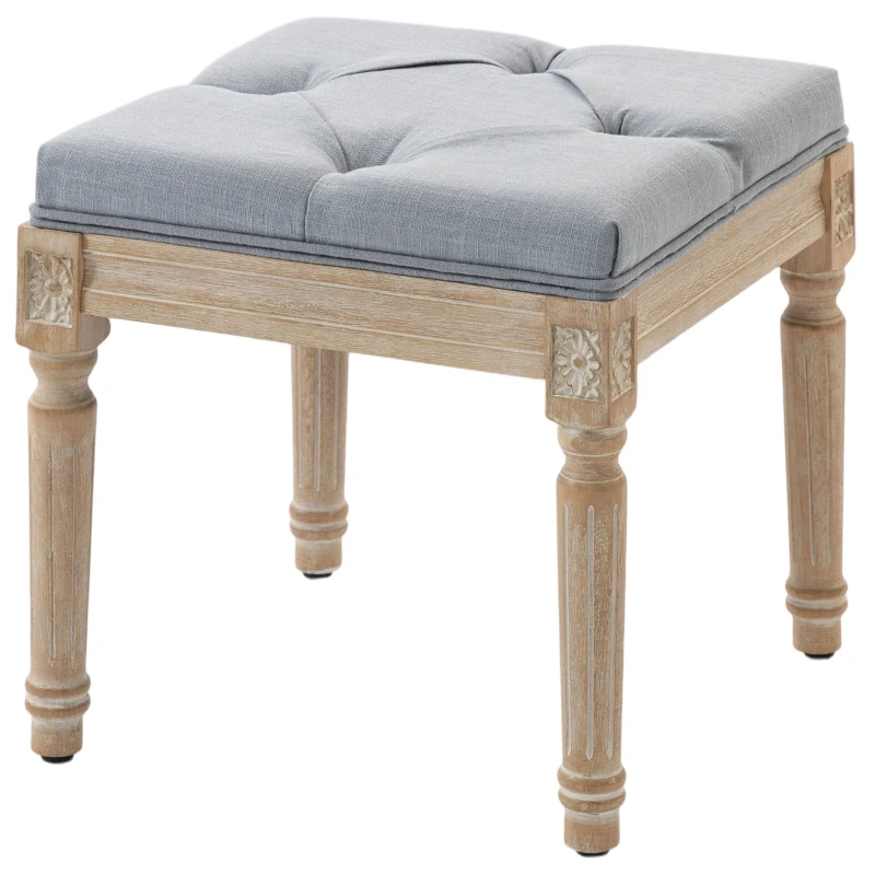 HOMCOM Vintage Foot Stool, Tufted Square Footrest with Wood Legs, Light Grey