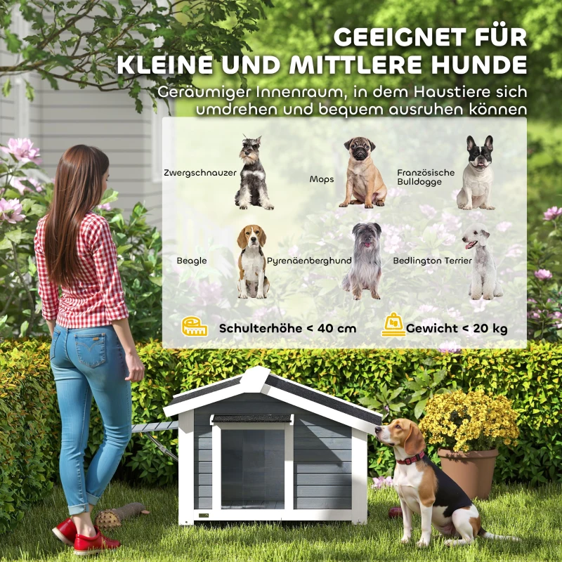 PawHut Hundehütte wetterfestes Hundehaus aus Holz mit herausnehmbarem Boden Asphaltdach öffnendem Fenster 98x76x69,5 cm Grau