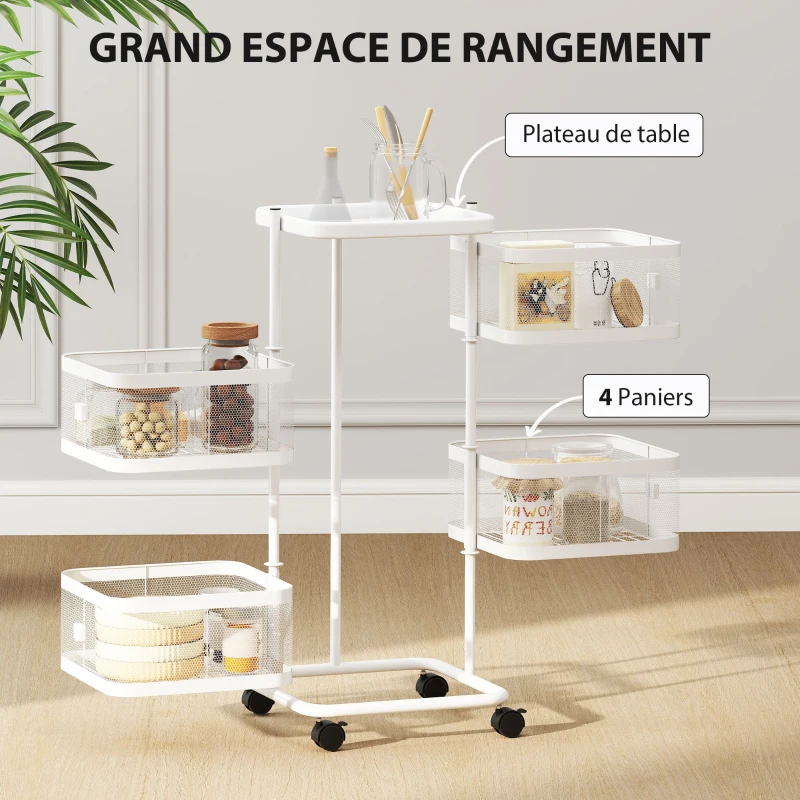 HOMCOM Resserre 4 paniers rotatifs sur roues, chariot à légumes et fruits, plateau, étagère en fil d'acier, 33x33x77cm, blanc