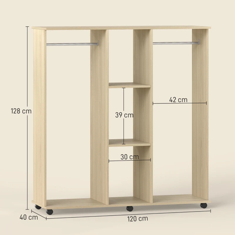 HOMCOM Armadio Guardaroba a Rotelle con 2 Barre e 3 Ripiani Aperti, in Legno e Alluminio, 120x40x128 cm, Color Legno