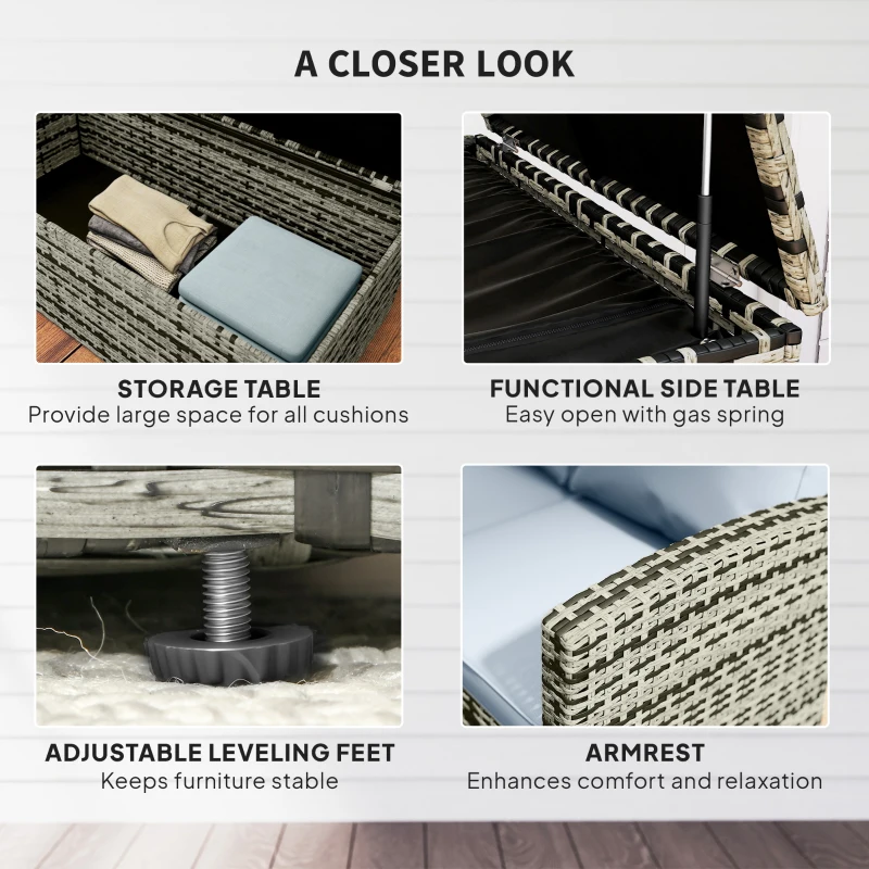 Outsunny 6 Pieces Rattan Garden Furniture Set, 7 Seater Wicker Outdoor Furniture Set with Storage Tea Table & Side Table, Sectional Garden Sofa Set with Cushions, Grey